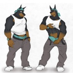 abs anthro belt biceps big_muscles biped black_body black_fur black_nose blue_clothing blue_underwear bottomwear boxers_(clothing) brown_body brown_fur bulge clock clothed clothing clothing_lift detailed_bulge footwear fur genital_outline kerchief looking_at_viewer male muscular muscular_anthro muscular_male pants pecs penis_outline pointy_ears pose prick_ears sagging shirt shirt_lift shoes simple_background solo standing tank_top topwear underwear undressing watch white_background brass_(artist) canid canine canis dobermann domestic_dog mammal pinscher 1:1 2011 model_sheet