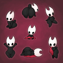 aged_down alternate_form anthro arthropod_abdomen belly big_butt black_body butt clothing empty_eyes female genitals gradient_background holding_clothing holding_object huge_butt looking_at_viewer lying mask navel neonate nipples nude on_side plump_labia rear_view red_background simple_background sitting slightly_chubby slightly_chubby_female solo standing text vulva young young_anthro young_female pincoosh hollow_knight:_silksong hollow_knight_(franchise) team_cherry hornet_(hollow_knight) arthropod humanoid 1:1 artist_name digital_media_(artwork) hi_res multiple_images