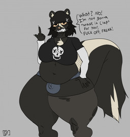 5_fingers angry anthro beanie belly big_belly big_breasts big_butt black_beanie black_body black_clothing black_fur black_hair black_hat black_headwear black_shirt black_topwear blue_bottomwear blue_clothing blue_hotpants blue_shorts bottom_heavy bottomwear breasts bulge butt claws clothing crop_top curvy_figure dialogue eyelashes fangs finger_claws fingers front_view fur gesture grey_background grin gynomorph hair hand_gesture hat headgear headwear highlights_(coloring) hotpants huge_breasts huge_butt huge_thighs insult insulting_viewer intersex long_sleeves looking_at_viewer markings middle_finger multicolored_body multicolored_fur multicolored_hair navel one_stocking_on pantyhose_rip pink_nose sharp_teeth shirt short_hair shorts simple_background skull_print skunk_tail slightly_chubby slightly_chubby_anthro slightly_chubby_gynomorph slightly_chubby_intersex smile solo standing tail talking_to_viewer teeth text thick_thighs topwear torn_stocking two_tone_body two_tone_fur two_tone_hair voluptuous voluptuous_anthro voluptuous_gynomorph white_highlights white_markings white_sleeves wide_hipped_anthro wide_hipped_gynomorph wide_hips yellow_sclera ghostfuckrr siouxsie_(ghostfuckrr) mammal mephitid skunk 2023 colored digital_drawing_(artwork) digital_media_(artwork) english_text flat_colors hi_res trans_(lore) trans_woman_(lore)