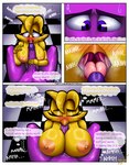 anthro big_breasts big_penis breast_play breasts duo eyes_closed fellatio female genitals machine male male/female nipples oral penile penis pink_eyes purple_body purple_eyes sex speech_bubble text titfuck tongue irc_(artist) five_nights_at_freddy's scottgames chica_(fnaf) purple_guy_(fnaf) animatronic avian bird chicken galliform gallus_(genus) human humanoid mammal phasianid robot absurd_res comic hi_res