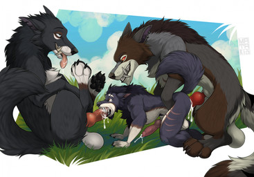 anal anal_orgasm anal_penetration animal_genitalia animal_penis anthro anthro_on_feral anthro_penetrated balls bestiality big_penis black_pawpads bodily_fluids canine_genitalia canine_penis claws cum cum_in_ass cum_inside day ear_piercing ejaculation erection eye_roll fangs fellatio feral feral_penetrating feral_penetrating_anthro genital_fluids genitals group group_sex hands-free intraspecies intraspecies_bestiality knot knotted_penis larger_feral male male/male male_anthro male_feral male_penetrated male_penetrating male_penetrating_male nude oral oral_penetration orgasm outside pawpads paws penetration penile penile_penetration penis penis_in_ass penis_in_mouth piercing quadruped raised_tail saliva sex side_view size_difference smaller_anthro snout tail teeth threesome tongue tongue_out trio vein veiny_penis mataki23 canid canine canis mammal wolf colored digital_drawing_(artwork) digital_media_(artwork) hi_res shaded