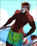 5_fingers abs anthro biceps blurred_background body_hair brown_nose chest_hair clothing cloud day eyebrows fingers fur glass grey_eyes hair hand_on_hip looking_at_viewer male markings multicolored_body multicolored_fur muscular muscular_anthro muscular_male orange_hair pose red_body red_fur red_hair red_skin sea sky solo standing swimming_trunks swimwear two_tone_body two_tone_fur water white_body white_fur feralise ailurid mammal red_panda 2018