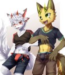 anthro belt black_nose bottomwear brown_body brown_fur bulge clothed clothing countershading crop_top cute_fangs detailed_bulge dipstick_ears duo ear_markings ear_piercing ear_ring eye_contact facial_markings fangs fluffy fluffy_tail fur green_eyes hair head_markings horn kemono looking_at_another male markings midriff multi_ear multicolored_ears navel open_bottomwear open_clothing open_pants pants piercing red_eyes ring_piercing shirt shirt_grab smile tail teeth topwear unbuttoned underwear white_body white_fur white_hair ivan-jhang ivan_(ivan-jhang) canid canine canis mammal wolf 2020 hi_res shaded