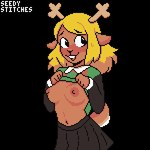 anthro antlers areola black_eyes blonde_hair blush bodily_fluids bottomwear breasts brown_body brown_fur clothed clothing clothing_lift female flashing flashing_breasts fur hair horn looking_away navel nipples scut_tail short_tail shy simple_background skirt smile solo sweat sweatdrop sweater sweater_lift tail topwear seedy_stitches_(artist) deltarune undertale_(series) noelle_holiday deer mammal new_world_deer reindeer digital_media_(artwork) pixel_(artwork) shaded simple_shading