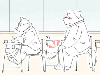 anthro blush bottomwear classroom classroom_desk clothing duo eyes_closed kemono male pants school shirt sitting topwear fugashi4090 canid canine canis domestic_dog mammal 2022