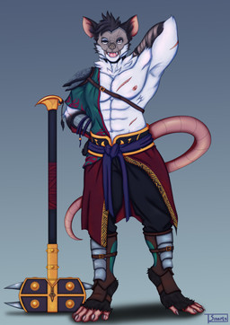 abs anthro armor asian_clothing bandage big_muscles big_pecs black_body black_gradient_arms black_gradient_legs bone bone_mask choker clothed clothing fur hammer hand_on_hip hands_behind_back jewelry leg_armor looking_at_viewer male mask multicolored_body multicolored_fur muscular muscular_anthro muscular_male neck_tuft necklace one_eye_closed open_mouth partially_clothed pauldron pecs raised_arm red_eyes sash scar sharp_teeth skull skull_mask smile solo tail teeth tools tuft whiskers white_body white_fur wink winking_at_viewer sinarts dren_(sinarts) american_opossum mammal marsupial virginia_opossum absurd_res hi_res