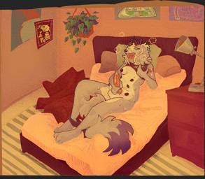 animal_genitalia animal_penis anthro bed bedroom bodily_fluids breast_squeeze breasts breath canine_genitalia canine_penis detailed_background furniture genital_fluids genitals gynomorph intersex masturbation nipples penile penile_masturbation penis plant precum solo squeezing guncht canid canine canis domestic_dog mammal