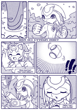 :< :o ^_^ anthro armor attack dialogue duo exclamation_point explosion eyes_closed facial_markings female fist forehead_markings head_markings headgear helmet jumping male markings open_mouth open_smile smile smoke text cyyeun xen_(series) izzy_(xen) switch_(xen) alien 2007 artist_name blue_and_white blue_monochrome comic dated english_text monochrome