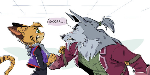 anthro beard bodily_fluids chokehold clenched_teeth clothing coat collar dripping duo facial_hair facial_markings facial_scar female fur grabbing_another green_eyes grey_body grey_fur grey_hair hair head_markings head_tuft holding_another holding_neck jersey long_sleeve_shirt long_tail looking_at_another male markings narrowed_eyes neck_tuft pointy_ears pupils saliva saliva_drip scar scared shirt simple_background slit_pupils snout snout_scar speech_bubble spots spotted_body spotted_fur striped_markings stripes tail teeth text text_on_clothing tied_hair topwear tuft whisker_spots ruffu pepper_in_the_sandbox asukaru_(ruffu) pepper_(ruffu) canid canine canis felid feline mammal serval wolf digital_drawing_(artwork) digital_media_(artwork)