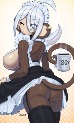 anthro beverage bottomwear breasts butt clothed clothing clothing_lift coffee coffee_mug dotted_background ear_piercing ear_ring eye_through_hair eyebrow_through_hair eyebrows female hair legwear lingerie looking_at_viewer maid_headdress maid_uniform no_underwear one_eye_closed pattern_background piercing prehensile_tail ring_piercing side_boob simple_background skirt skirt_lift solo stockings tail tail_holding_object translucent translucent_hair uniform wink winking_at_viewer geistbox luna_(geistbox) haplorhine mammal monkey primate 2026 absurd_res hi_res signature