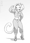 anthro athletic_wear clothing crop_top female flexing flexing_bicep footwear hair looking_at_viewer midriff muscular muscular_anthro muscular_arms muscular_female muscular_legs shirt shoes smile sneakers solo topwear conditional_dnp jollyjack sequential_art kat_vance domestic_cat felid feline felis mammal 2024 greyscale monochrome