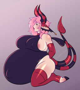 big_breasts breasts clothing female gloves hair handwear hooves horn hyper hyper_pregnancy jester legwear leotard lipstick makeup piercing pink_hair pregnant side_boob solo tail thigh_highs wellbredkitsune tambourine_(wellbredkitsune) humanoid tiefling absurd_res hi_res