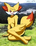 anthro breasts claws fangs featureless_breasts featureless_crotch female forest fur grass looking_at_viewer nude open_mouth orange_body orange_eyes orange_fur plant raised_tail river solo tail teeth tree white_body white_fur yellow_body yellow_fur nikku_lunatique nintendo pokemon fennekin generation_6_pokemon pokemon_(species) hi_res