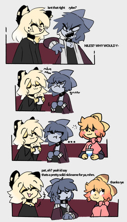 :3 angry annoyed anthro beverage blush bow_accessory clothed clothed_anthro clothing collar container cup dialogue laugh nickname open_mouth smug text caeleste niles_(caeleste) patience_(caeleste) rye_(caeleste) domestic_cat felid feline felis mammal serval 2025 absurd_res comic english_text hi_res