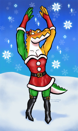 anthro belt belt_buckle boots bow_ribbon buckle clothed clothing crossdressing crossdressing_male dancing dress footwear gloves green_body handwear holidays legwear male muscular muscular_anthro muscular_male santa_dress shoes snow snowflake solo text thigh_boots thigh_highs winter yellow_body nsfwulf christmas glitch_productions ko-fi patreon the_amazing_digital_circus gummigoo_(tadc) absurd_res hi_res url watermark