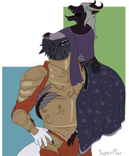 5_fingers anthro armor biped black_body claws clothed clothing dress duo feet female female_anthro fingers hair horn jaw male male/female male_anthro open_mouth piercing ring_piercing simple_background smile standing tail teeth toe_claws toes tongue tongue_out superplus artfight2026 mythology camelia_(halanari) elden_(halanari) dragon mythological_creature mythological_scalie reptile scalie absurd_res digital_media_(artwork) hi_res