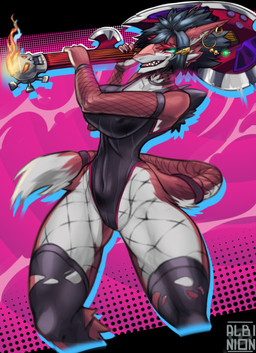 anthro axe_guitar big_breasts biped black_hair breasts choker clothed clothing ear_piercing ear_ring electric_guitar female female_anthro front_view green_eyes guitar hair jewelry legwear looking_at_viewer musical_instrument necklace net_stockings nipple_outline open_mouth piercing plucked_string_instrument red_body red_makeup ring_piercing scar short_hair simple_background smile solo stockings string_instrument text albinion fan_character sierra_(albinion) mammal sergal absurd_res digital_media_(artwork) hi_res