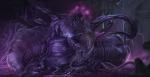 2017 abdominal_bulge absurd_res alien amalgamate_(themefinland) assimilation black_body bodily_fluids detailed_background duo goo-connected_lips goo_creature hi_res horn inside neck_bulge night purple_body purple_scales purple_skin purple_theme reptile scales scalie story story_in_description tentacle_creature tentacles themefinland transformation vomiting warehouse