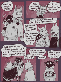 ambiguous_anthro ambiguous_gender anthro carrying_another clothed clothed_anthro clothing dialogue eye_contact eye_scar facial_scar group looking_at_another scar speech_bubble text trio aveloka cult_of_the_lamb don't_starve klei_entertainment massive_monster_(studio) aym_(cult_of_the_lamb) baal_(cult_of_the_lamb) webber arachnid arthropod domestic_cat felid feline felis mammal spider 2025 3:4 comic digital_drawing_(artwork) digital_media_(artwork) english_text