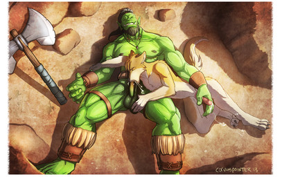 abs anthro anthro_penetrated axe balls battle_axe beard biceps big_muscles black_hair bodily_fluids brown_body brown_fur brown_hair claws clenched_teeth cum cum_in_mouth cum_inside cum_string double_bitted_axe duo erection eyes_closed facial_hair fangs feet fellatio fur genital_fluids genitals green_body green_skin hair handjob humanoid_genitalia humanoid_on_anthro humanoid_penetrating humanoid_penetrating_anthro humanoid_penis humanoid_pointy_ears interspecies jewelry leaking leather lying male male/male male_penetrated male_penetrating male_penetrating_male melee_weapon muscular muscular_male necklace nipples nude on_back oral oral_penetration orgasm pecs penetration penile penile_penetration penis pointy_ears ponytail sex smile tail tan_body tan_fur teeth toe_claws tribal tusks weapon white_body white_fur wristband corvuspointer blizzard_entertainment warcraft canid canine canis coyote humanoid mammal orc 2013