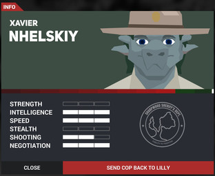 anthro blue_eyes clothing feathers gameplay_mechanics green_body green_feathers green_hair gui hair horn interface kryshtir_(adamwhite) male pointy_ears police police_uniform ranger_hat shirt solo text this_is_the_police this_is_the_police_2 topwear uniform xavier_nhelsky_(adamwhite) adamwhite humanoid scalie crossover english_text