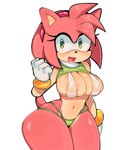 accessory anthro areola areola_slip bikini breasts clothing curvy_figure female fingers green_eyes hair_accessory hairband navel nipples open_mouth open_smile pink_body pink_skin simple_background smile solo swimwear tan_areola two-piece_swimsuit white_background ichig8miruku_(artist) sega sonic_the_hedgehog_(series) amy_rose eulipotyphlan hedgehog mammal 2022