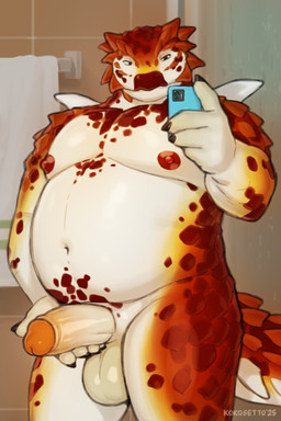 5_fingers after_shower anthro arm_spikes balls bathroom belly biceps big_balls biped cellphone claws countershading electronics finger_claws fingers foreskin front_view genitals glans half-erect holding_penis humanoid_genitalia humanoid_penis inside looking_at_object looking_at_phone male manly mirror_selfie mouth_closed musclegut muscular muscular_anthro muscular_male navel nipples nude obese obese_anthro obese_male orange_body orange_scales orange_spots overweight overweight_anthro overweight_male pecs penis phone presenting presenting_penis pubic_scales retracted_foreskin scales selfie shoulder_spikes shower smartphone solo spiked_tail spikes spikes_(anatomy) spots standing tail thick_penis towel white_body white_countershading kokosetto mac_bazel ankylosaurian dinosaur nodosaurid ornithischian prehistoric_species reptile scalie thyreophoran 2025 2:3 colored digital_drawing_(artwork) digital_media_(artwork) hi_res portrait signature three-quarter_portrait