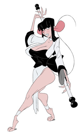 anthro big_breasts black_hair breasts buckteeth cleavage clothed clothing female grey_eyes hair holding_object light_body light_skin lipstick long_hair looking_at_viewer makeup simple_background solo standing teeth white_background white_lipstick slb bai_shu_(slb) mammal mouse murid murine rodent 2015 digital_media_(artwork) hi_res signature