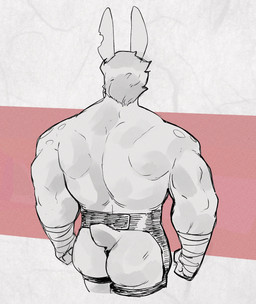 anthro arm_wraps biped butt clothed clothing hair male mostly_nude muscular muscular_anthro muscular_male notched_ear rear_view short_hair short_tail skimpy solo tail wraps peculiart bun_bash jack_(peculiart) hare lagomorph leporid mammal rabbit 2024 digital_media_(artwork) hi_res