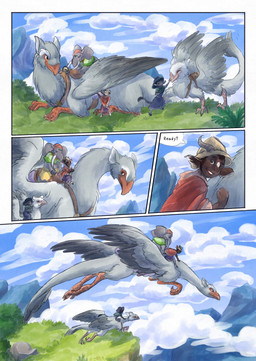 ambiguous_gender anthro biped black_body black_fur black_tail clothed clothing cloud day dialogue dialogue_box feral flower fur grass grey_body hat headgear headwear holding_object outside plant proboscis_(anatomy) riding saddle speech_bubble tail text trunk_(anatomy) bjekkergauken mythology imbali_(bjekkergauken) isilo_(bjekkergauken) avian elephant elephantid gryphon humanoid mammal mythological_avian mythological_creature proboscidean unknown_species 2026 colored comic english_text hi_res