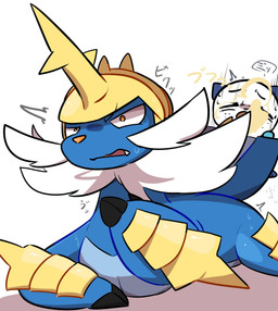 ambiguous_gender armor blue_body blue_ears blue_fur blue_tail bodily_fluids brown_nose claws cum duo facial_hair feral fur genital_fluids hair headgear helmet male orange_eyes orange_nose startled sweat sweatdrop tail text white_body white_fur white_hair letaslettuce nintendo pokemon generation_5_pokemon oshawott pokemon_(species) samurott 2024 hi_res japanese_text