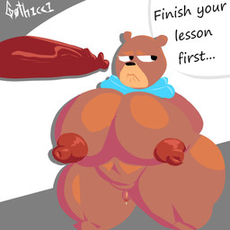 anthro big_breasts big_nipples big_penis black_nose blue_scarf bodily_fluids breasts brown_body brown_fur dialogue duo fur genital_fluids genitals huge_breasts huge_penis humanoid_genitalia humanoid_penis hyper hyper_breasts hyper_genitalia hyper_penis imminent_sex intersex leaking_precum looking_aside male micropenis moobs mostly_nude mostly_offscreen_character mouth_closed navel nipples overweight overweight_anthro overweight_male penis penis_size_difference precum scarf scarf_only small_penis speech_bubble text thick_thighs g0th1cc1 duolingo falstaff_(duolingo) bear mammal 1:1 2026 digital_drawing_(artwork) digital_media_(artwork) english_description english_text hi_res