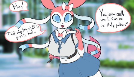 anthro anthrofied backpack big_breasts bottomwear breasts clothed clothing dialogue female fur looking_at_viewer midriff navel pink_body pink_fur pokemorph ribbons school_uniform skirt solo tail tail_under_skirt talking_to_viewer text uniform white_body white_fur mrdegradation nintendo pokemon canid canine eeveelution generation_6_pokemon mammal pokemon_(species) sylveon english_text hi_res