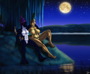 amputee animal_genitalia anthro breasts claws cuddling disability duo female full_moon genital_slit genitals imax lake male moon nipples non-mammal_breasts non-mammal_nipples nude toe_claws vulva trias dinosaurs_inc. janet_(trias) rick_arthur dinosaur hadrosaurid hybrid ornithischian ornithopod parasaurolophus prehistoric_species reptile scalie 2017 absurd_res hi_res