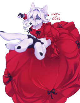 anthro blue_eyes clothing dress ear_piercing ear_ring female fingerless_gloves fur gloves grey_body grey_fur grey_hair hair handwear impending_violence piercing punch red_clothing red_dress ring_piercing solo mofu_guys may_i_ask_for_one_final_thing? scarlet_el_vandimion canid canine canis mammal wolf hi_res