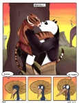 anthro avian bamboo_hat bear bird black-necked_crane butt butt_grab clothing comic crane_(bird) dialogue dreamworks english_text exclamation_point felid female giant_panda gruiform grus_(genus) hand_on_butt hat headgear headwear kissing koh kung_fu_panda male mammal master_crane master_po_ping master_tigress outside pantherine slightly_chubby tail text tiger