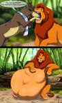 abdominal_bulge antlers belly big_belly brown_body brown_fur dialogue duo feral fur hand_on_belly horn huge_belly imminent_death male male/male oral_vore orange_body orange_fur same_size_vore surprise text vore willing_prey priestofjashin disney nintendo pokemon the_lion_king simba_(the_lion_king) felid generation_5_pokemon lion mammal pantherine pokemon_(species) sawsbuck spring_sawsbuck comic english_text hi_res