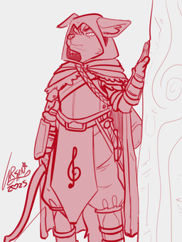 anthro bow_(weapon) clothing floppy_ears fluffy fluffy_tail fur g_clef hair hood musical_clef musical_symbol ranged_weapon shirt solo symbol tail topwear tunic weapon neon_noble jesam_(jesam) canid canine fox mammal red_fox true_fox 3:4 digital_media_(artwork) hi_res monochrome nonbinary_(lore) trans_(lore) trans_woman_(lore)