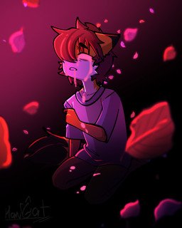 anthro black_ear_tips bodily_fluids clothing crying dipstick_ears ear_markings fur hair hair_over_eye leaf male multicolored_body multicolored_ears multicolored_fur no_pupils orange_body orange_fur petals shirt solo t-shirt tears topwear two_tone_body two_tone_fur white_body white_fur harucat harucat_(harucat) domestic_cat felid feline felis mammal 4:5 absurd_res hi_res