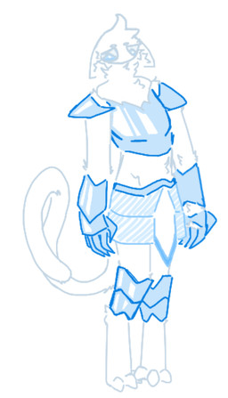 anthro armor blue_eyes breastplate clothing digitigrade firmin_(something) fur gauntlets gloves greaves handwear male midriff solo standing tall tuft white_body white_fur something_(artist) domestic_cat felid feline felis mammal blue_and_white monochrome