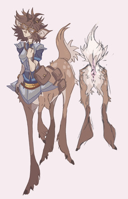 animal_ears animal_genitalia antlers armor bag belly brown_body brown_fur brown_hair deer_ears eyewear female fur genitals glasses hair hooves horn horn_jewelry jewelry pouch_(clothing) short_hair short_tail solo spots stylized tail white_belly toxicrow deer deer_taur humanoid mammal mammal_taur taur hi_res