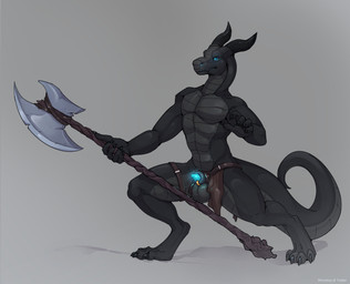 animal_genitalia anthro axe balls black_body blue_eyes blue_penis bottomwear bottomwear_aside clothed clothing clothing_aside furgonomic_piercing furgonomics genital_piercing genitals glowing glowing_eyes glowing_genitalia glowing_penis grey_background grey_body holding_axe holding_object horn loincloth loincloth_aside loincloth_only male male_anthro muscular muscular_anthro muscular_male partially_clothed partially_clothed_anthro partially_clothed_male penis penis_tip piercing sheath sheath_piercing simple_background solo standing tail topless wardrobe_malfunction mintyderg vu'tha_(kazzyboii) lizard reptile scalie 2021 absurd_res hi_res
