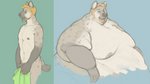 anthro before_and_after belly big_belly facial_hair fur holding_object male markings moobs morbidly_obese morbidly_obese_anthro morbidly_obese_male navel nipples nude obese obese_anthro obese_male overweight overweight_anthro overweight_male smile solo spots spotted_body spotted_fur tan_body tan_fur weight_gain yasano hyena mammal spotted_hyena