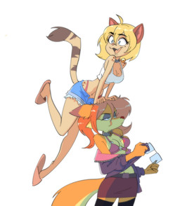annoyed anthro bell bell_collar blonde_hair blue_eyes bottomwear bra breasts choker clothed clothing collar crop_top cropped_tank_top denim denim_bottomwear denim_clothing denim_shorts dipstick_ears dipstick_tail duo ear_markings eyelashes eyewear fangs female fluffy fluffy_tail footwear freckled_breasts freckles fur glasses hair holding_object jacket jewelry jingle_bell jingle_bell_collar leapfrog legwear light_body light_skin long_tail looking_away markings midriff miniskirt mole_(marking) mole_under_eye multicolored_ears narrowed_eyes necklace open_mouth orange_body orange_fur orange_hair partially_clothed pointy_ears shirt shoes shorts simple_background skirt slippers snout tail tail_markings teeth thigh_highs topwear underwear underwear_straps hairyfood1 cassandra_(psicoyote) veronica_(psicoyote) canid canine felid feline fox mammal digital_drawing_(artwork) digital_media_(artwork) hi_res
