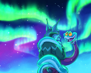 anthro aurora_(phenomenon) blue_body blue_scales bottomless clothed clothing coiling_another coiling_around_body duo eye_contact fangs feral fur green_clothing green_sweater green_topwear grey_body grey_fur looking_at_another male pointy_ears red_clothing red_sweater red_topwear scales sweater sweater_only teeth topwear topwear_only whiskers yellow_eyes tuherrus disney zootopia gary_de'snake pawbert_lynxley canada_lynx felid feline lynx mammal pit_viper reptile scalie snake viper
