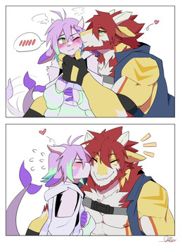 ambiguous_gender anthro blue_eyes blush blush_lines clothing duo eyes_closed green_eyes heart_symbol horn kissing male male/ambiguous smile zerpreros mythology moner thurry_(sollyz) dragon fish marine mythological_creature mythological_scalie scalie shark 2021 hi_res signature