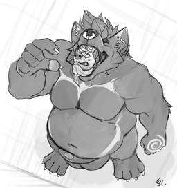 animal_genitalia anthro arm_markings balls belly big_balls big_belly bodily_fluids claws drooling duo ear_piercing ear_ring eyes_closed facial_piercing finger_claws genitals hair hand_markings in_mouth industrial_piercing male male_pred male_prey markings navel nose_piercing nose_ring nude open_mouth oral_vore overweight overweight_anthro overweight_male pecs penis penis_tip piercing ring_piercing saliva septum_piercing septum_ring sheath short_hair simple_background size_difference standing thick_sheath toe_claws vore solaxe_(artist) canid canine mammal hi_res monochrome sketch