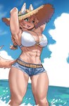 abs alternative_fashion amekaji big_breasts bikini bikini_top blue_eyes bottomwear braided_hair breasts clothing denim denim_bottomwear denim_clothing denim_shorts female freckles furgonomics gyaru hair hat headgear headwear j-fashion muscular muscular_female o-ring_bikini_top quads raised_arms shorts solo straw_hat swimwear two-piece_swimsuit water ezzyecchi animal_humanoid canid canid_humanoid canine canine_humanoid humanoid mammal mammal_humanoid 2023 absurd_res hi_res