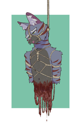 anthro bdsm bisected blood blood_on_body bodily_fluids bondage bound death eyebrows fur gore green_eyes green_sclera grey_body grey_fur guts hands_behind_back hanged inner_ear_fluff intestines male multicolored_body multicolored_fur noose organs pink_ears pink_nose pink_tongue purple_body purple_fur red_stripes restrained_arms restraints rope rope_bondage severed_body_part simple_background solo stripes tongue tongue_out tuft white_body white_eyebrows white_fur wounded chuchochi chuchochi_(character) domestic_cat felid feline felis mammal hi_res