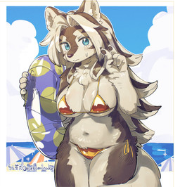 anthro beach big_breasts bikini blue_eyes breasts chest_tuft clothing eyebrows eyelashes female fur gesture gold_bikini grey_body grey_fur grey_hair hair hand_gesture hand_pawpads inflatable inner_tube kemono navel side-tie_bikini slightly_chubby slightly_chubby_anthro slightly_chubby_female solo string_bikini swimwear tuft two-piece_swimsuit v_sign white_body white_fur white_hair kouchainu golden_week surigara_usuzu canid canine canis mammal wolf 2026 hi_res